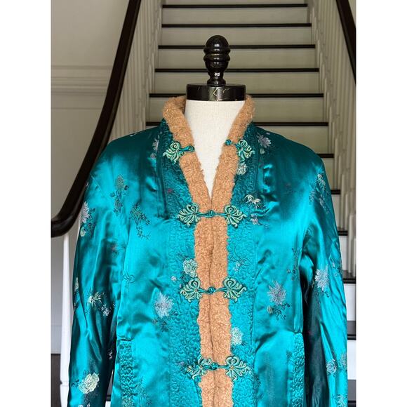 Turquoise Asian Silk Faux Fur Warm Cozy Coat Fall Winter Boho Artsy Chinoiserie - Picture 3 of 11
